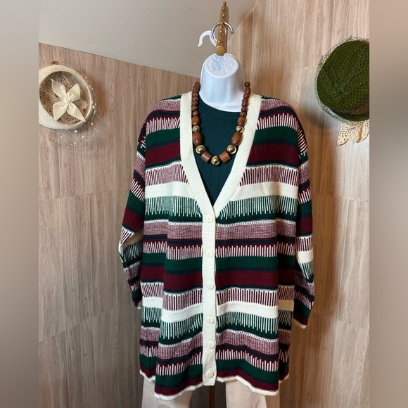 Fashion Formulas Vintage Burgundy and Green Striped Cardigan - Picture 1 of 8